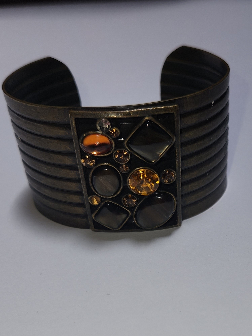Vintage Bronze Boho Chic Rhinestones Cabochon Ribbed Cuff Bracelet (8")